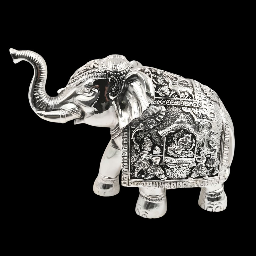 999 Silver Plated Decorative Elephant Statue with Intricate Carving | Luxury Vastu Home Decor & Pooja Showpiece