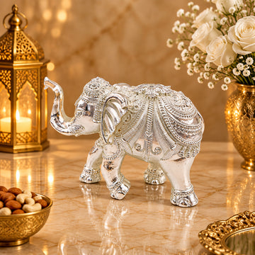 925 Non Oxi Silver Plated Decorative Elephant Statue | Intricate Engraved Elephant Showpiece | Luxury Vastu Home Décor & Gifting