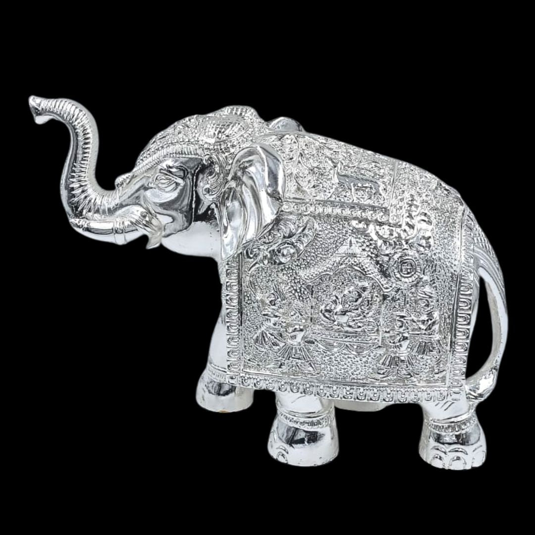 999 Silver Plated Decorative Elephant Statue with Intricate Carving | Luxury Vastu Home Decor & Pooja Showpiece