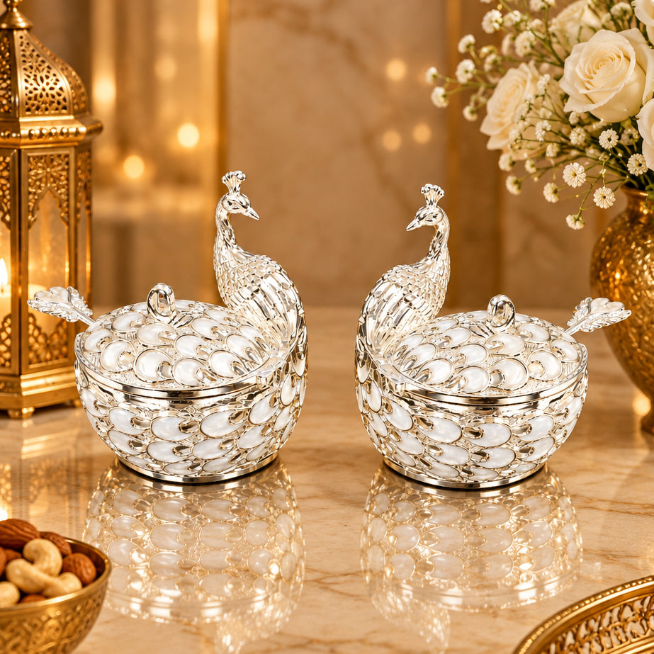 Silver Plated Round Peacock Candy Bowl Set Of 2| Luxury Peacock Trinket Box | Decorative Gift Box | Royal Home Decor | Wedding Gift