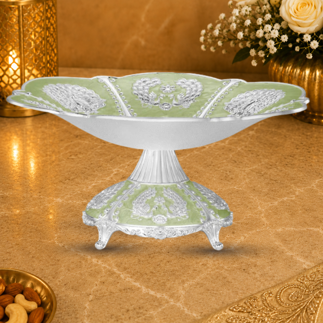 Luxury Decorative Pedestal Fruit Bowl with Peacock Design | Premium Dry Fruit Serving Bowl | 28 x 28 x 13 cm | 630g | Elegant Centerpiece Gift