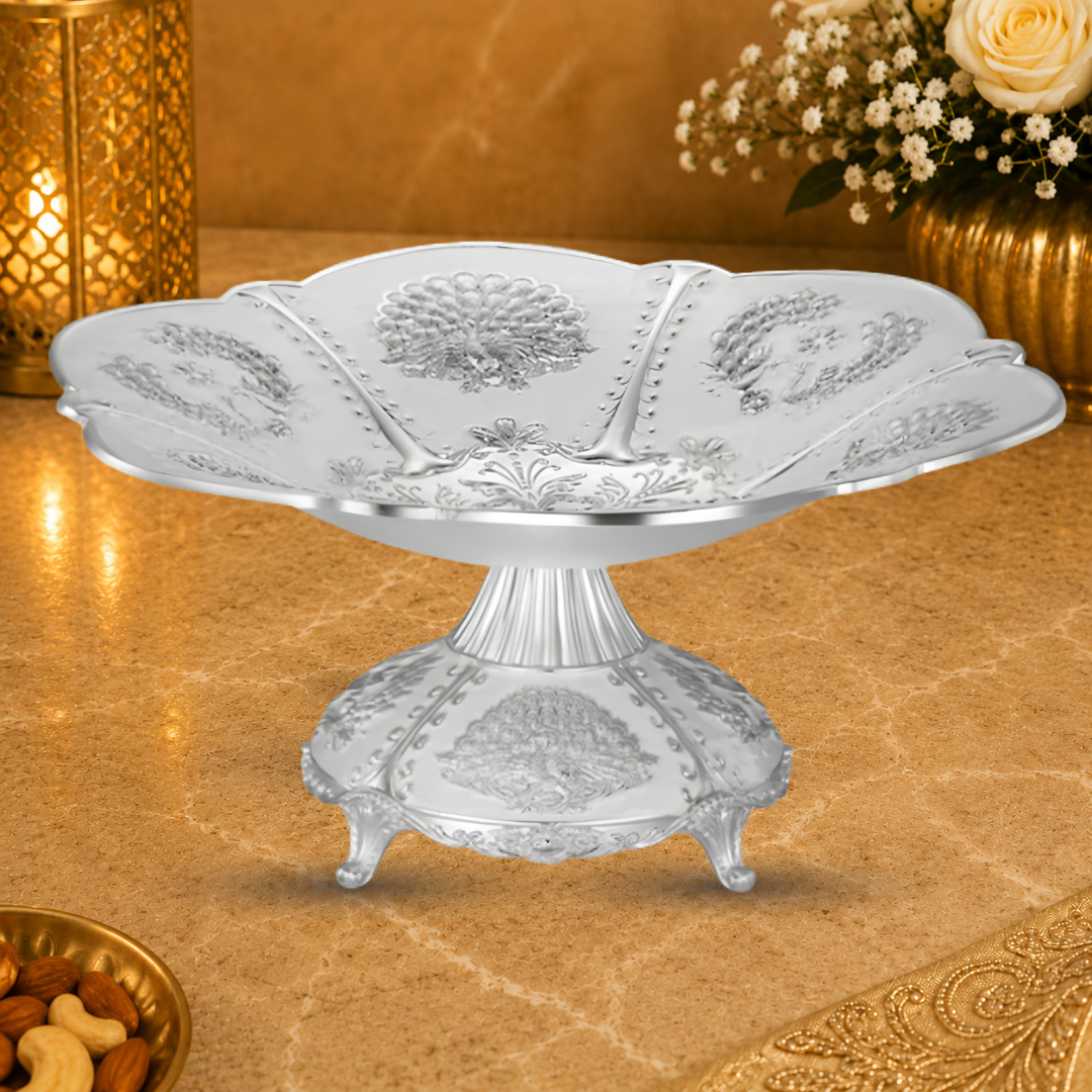 Luxury Decorative Pedestal Fruit Bowl with Peacock Design | Premium Dry Fruit Serving Bowl | 28 x 28 x 13 cm | 630g | Elegant Centerpiece Gift