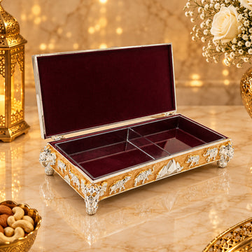 Plated Rectangular Dry Fruit Box with Taj Mahal & Animal Motifs – 4-Compartment Luxury Gift & Home Decor Box (9 x 4 x 2 Inch, 640g)