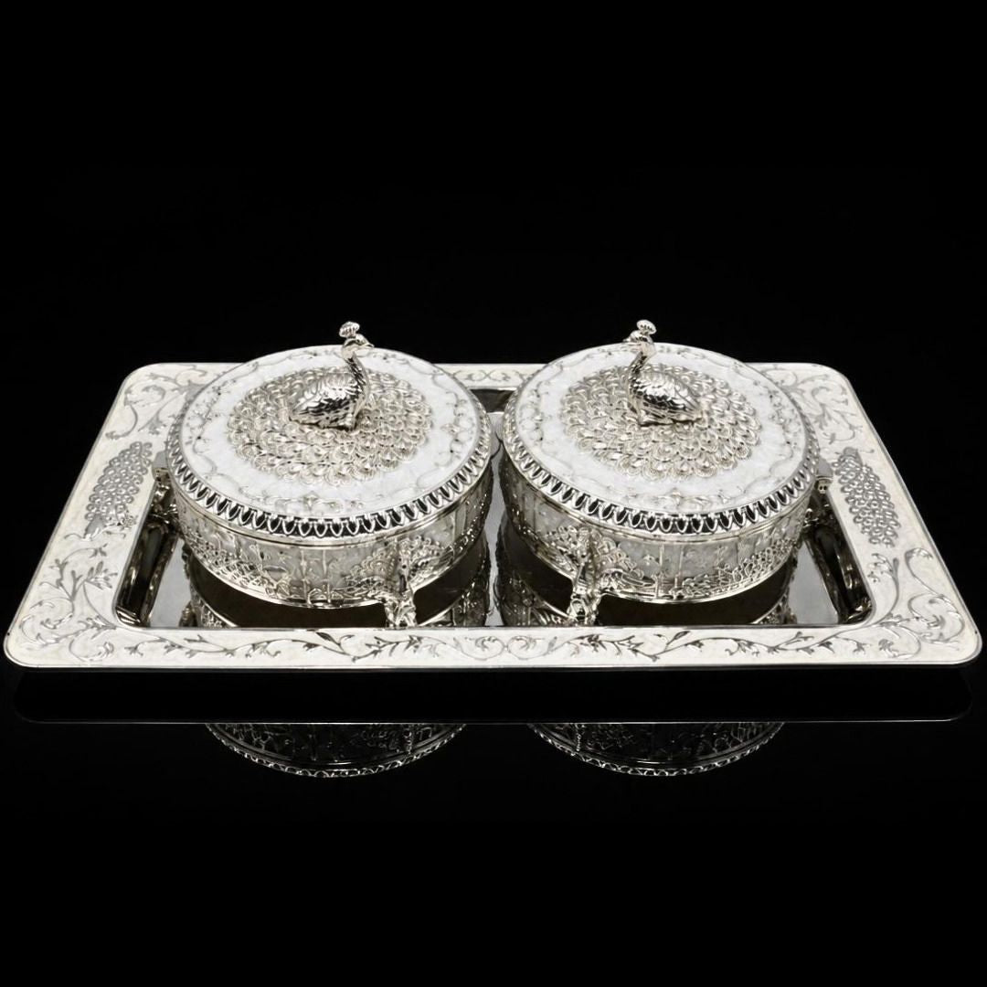 Silver-Plated Round Bowl Set with Tray, Peach & White Decorative Containers, Table Centerpiece & Gift Item