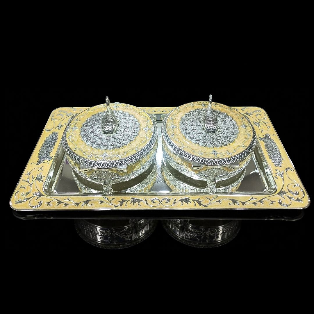 Silver-Plated Round Bowl Set with Tray, Peach & White Decorative Containers, Table Centerpiece & Gift Item
