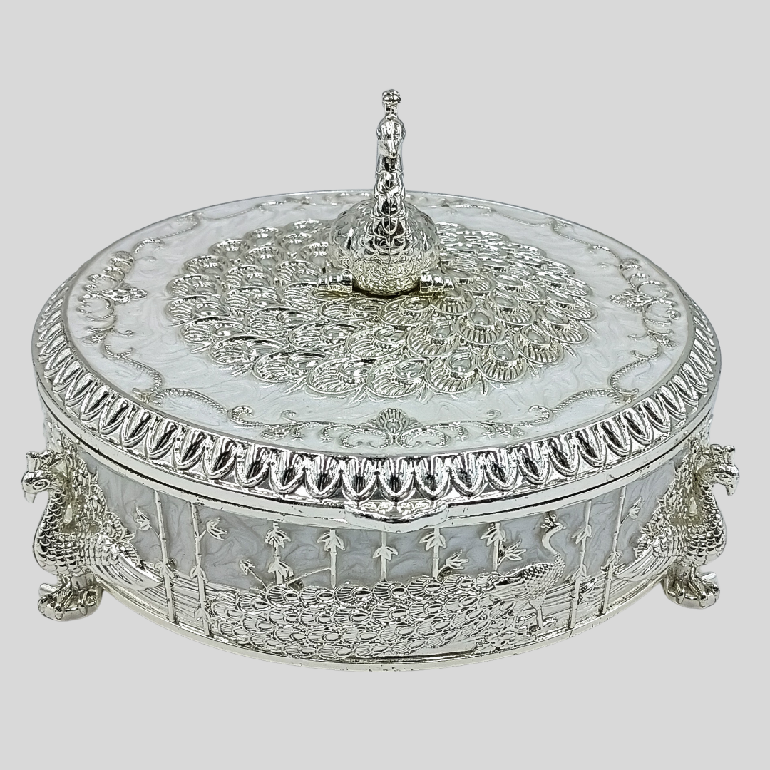 Luxury Peacock Jewelry Box with Lid | Silver Decorative Trinket Box | Round Storage Box | Wedding Gift | Vanity Organizer | Home Decor Accent