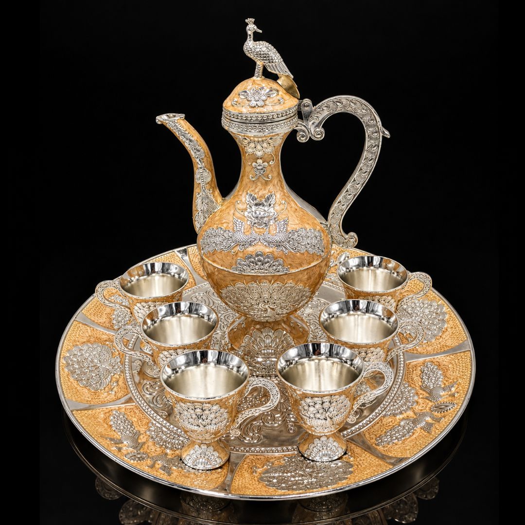 Silver Plated Arabic Coffee and Tea Serving Set | Ornate Pot with Matching Cups & Serving Tray | Luxury Middle Eastern Drinkware, Table Centerpiece & Festive Gift