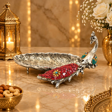 Silver Plated Peacock Leaf Decorative Tray Peacock Leaf Platter for Home Decor