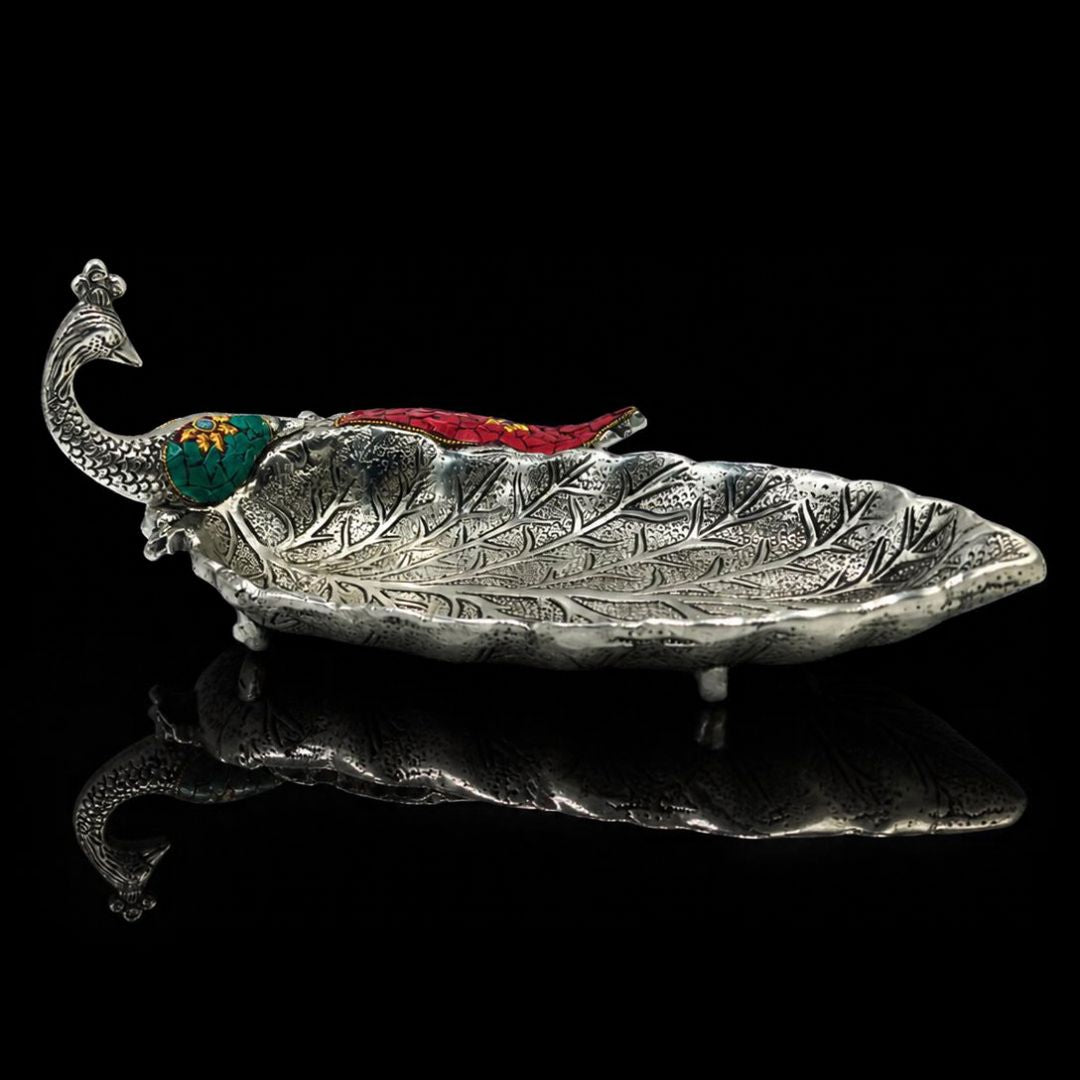 Silver Plated Peacock Leaf Decorative Tray Peacock Leaf Platter for Home Decor