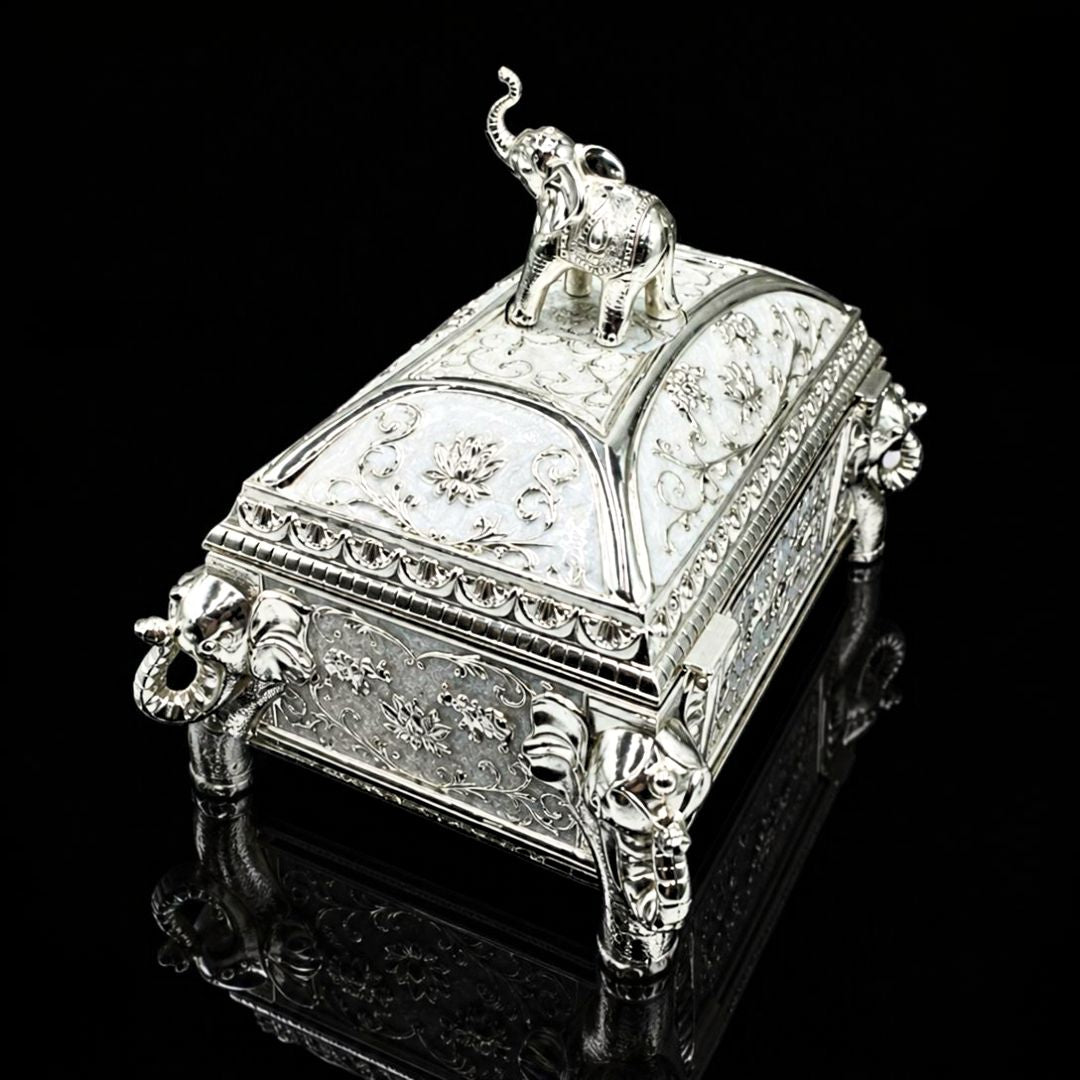 Silver Plated Elephant Jewellery Box 9×7×8 Inch | Luxury Decorative Jewelry Storage Box | Royal Elephant Gift Box | Indian Wedding Gift