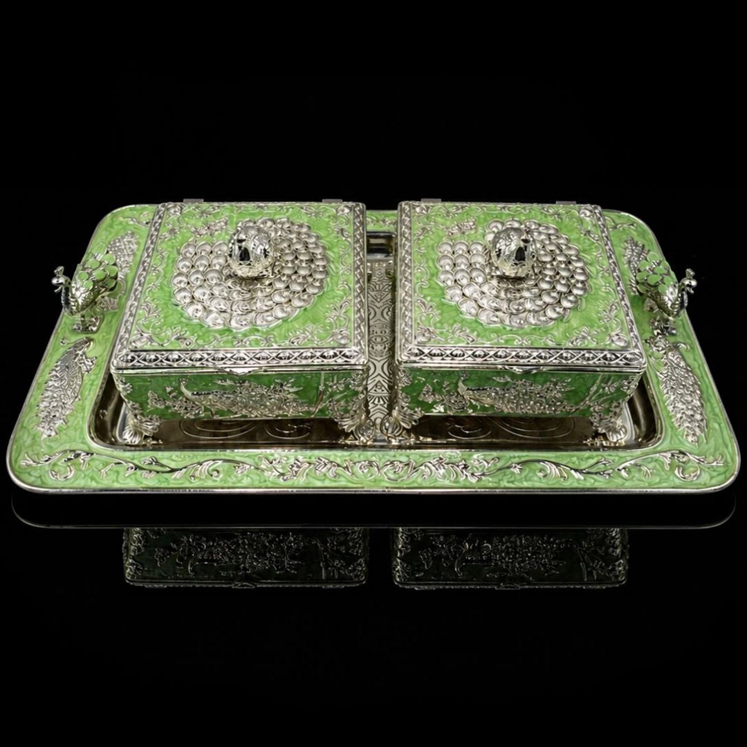 Silver-Plated Square Bowl Set with Tray, Peach & White Decorative Containers, Table Centerpiece & Gift