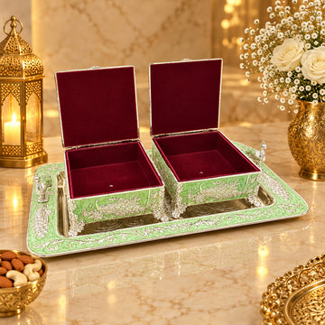 Silver-Plated Square Bowl Set with Tray, Peach & White Decorative Containers, Table Centerpiece & Gift