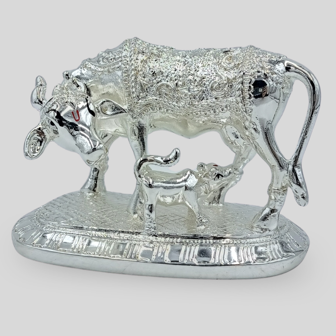 Kamdhenu Cow with Calf Statue |Silver Finish Hindu Idol | Vastu Home Decor | Pooja Room Showpiece