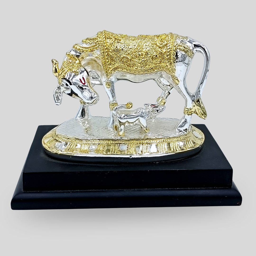 Silver Gold Finish Hindu Idol Kamdhenu Cow with Calf Statue | Vastu Home Decor | Pooja Room Showpiece