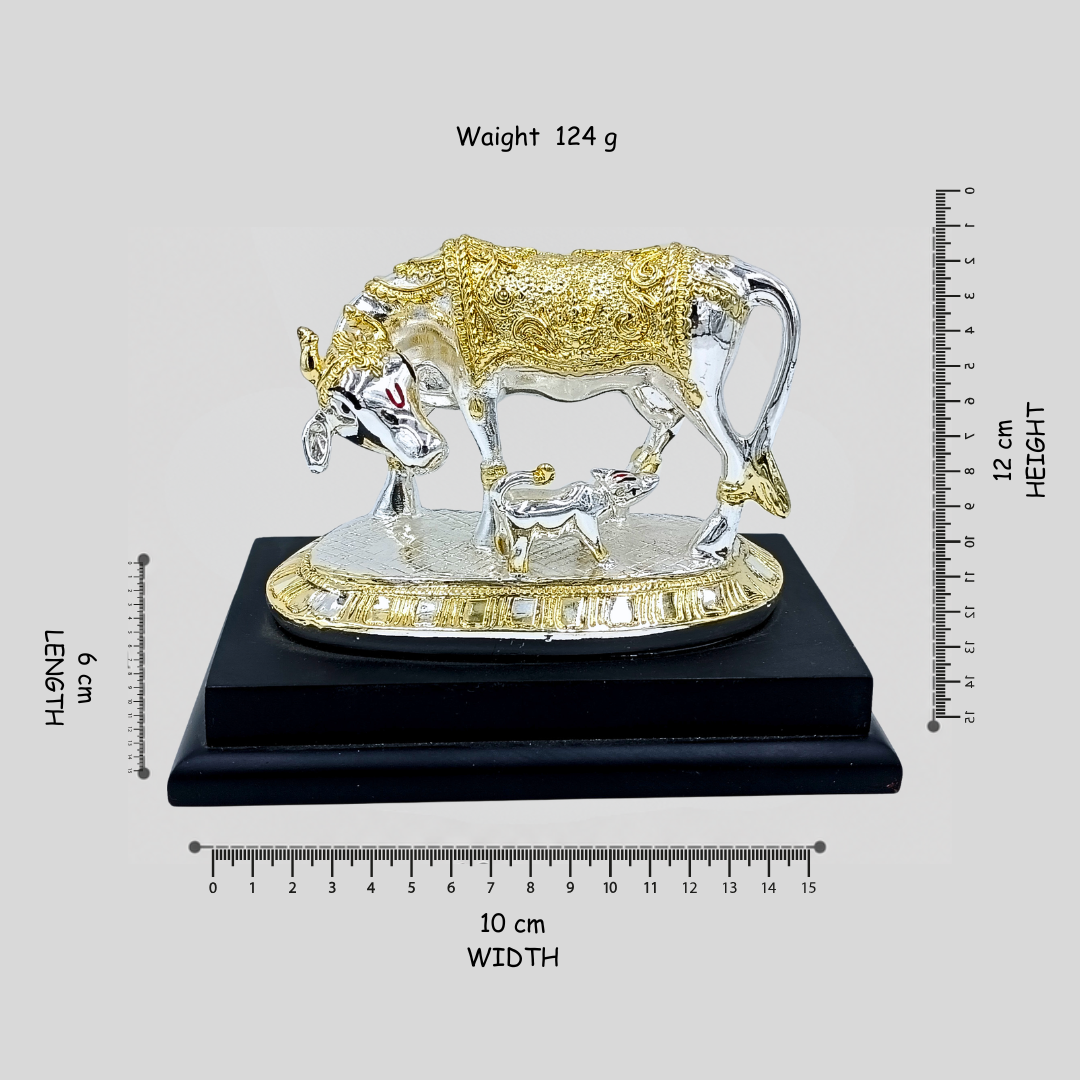 Silver Gold Finish Hindu Idol Kamdhenu Cow with Calf Statue | Vastu Home Decor | Pooja Room Showpiece
