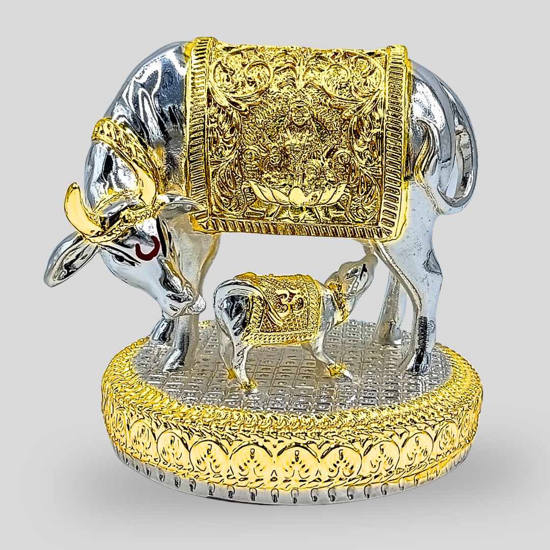 Silver Gold Finish Hindu Idol Kamdhenu Cow with Calf Statue  Round Base | Vastu Home Decor | Pooja Room Showpiece (Copy)
