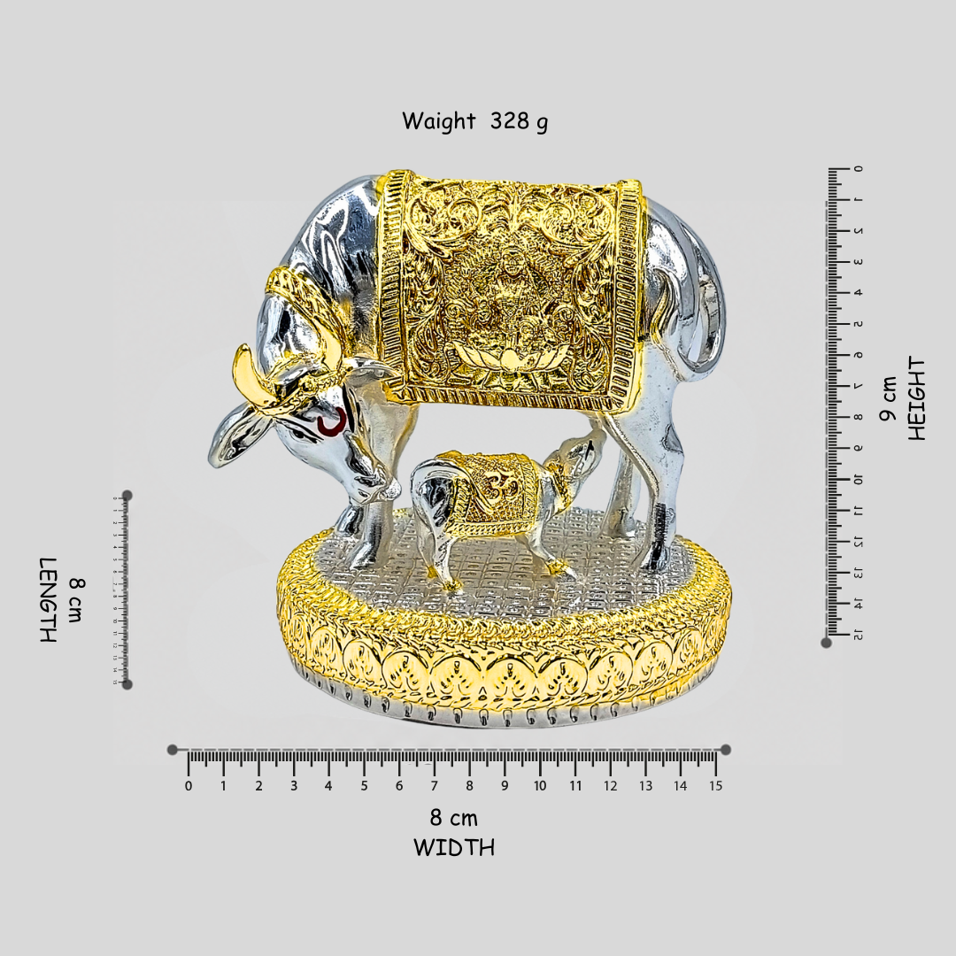 Silver Gold Finish Hindu Idol Kamdhenu Cow with Calf Statue | Vastu Home Decor | Pooja Room Showpiece