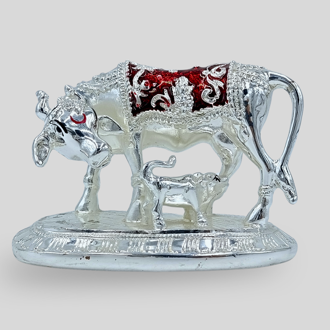 Kamdhenu Cow with Calf Statue |Silver Red Finish Hindu Idol | Vastu Home Decor | Pooja Room Showpiece