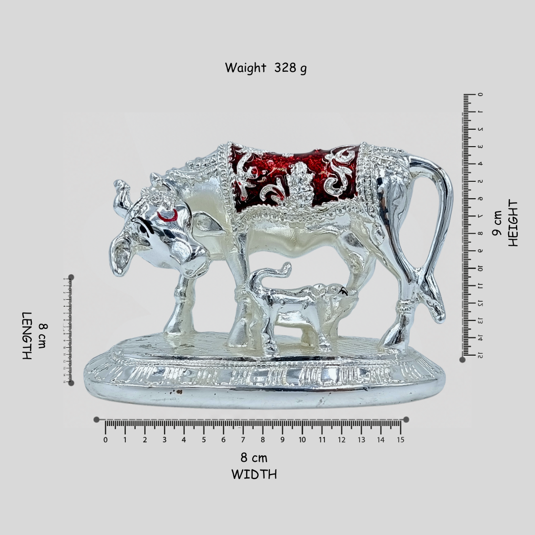 Kamdhenu Cow with Calf Statue |Silver Red Finish Hindu Idol | Vastu Home Decor | Pooja Room Showpiece