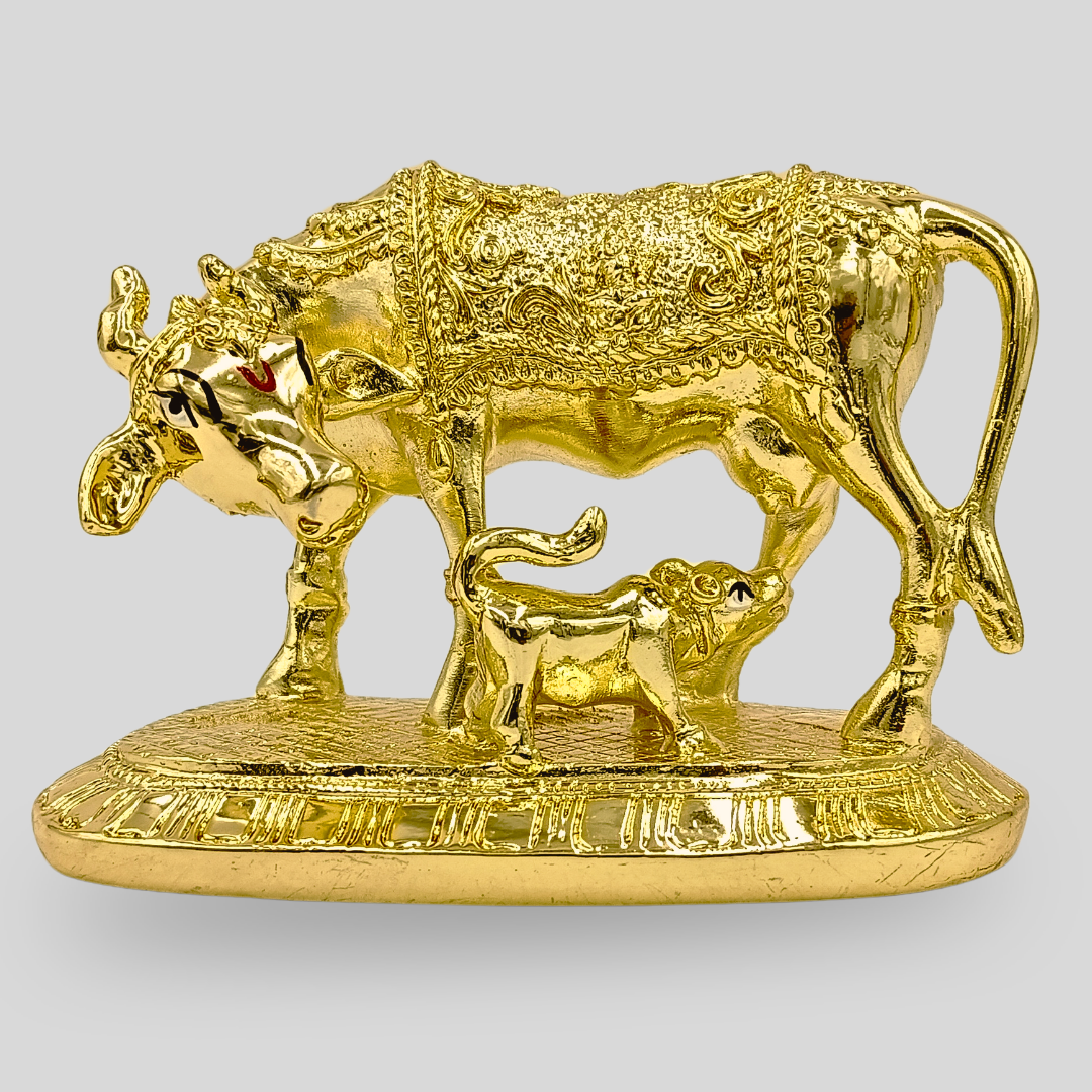 24 Ct Gold Finish Hindu Idol Kamdhenu Cow with Calf Statue | Vastu Home Decor | Pooja Room Showpiece