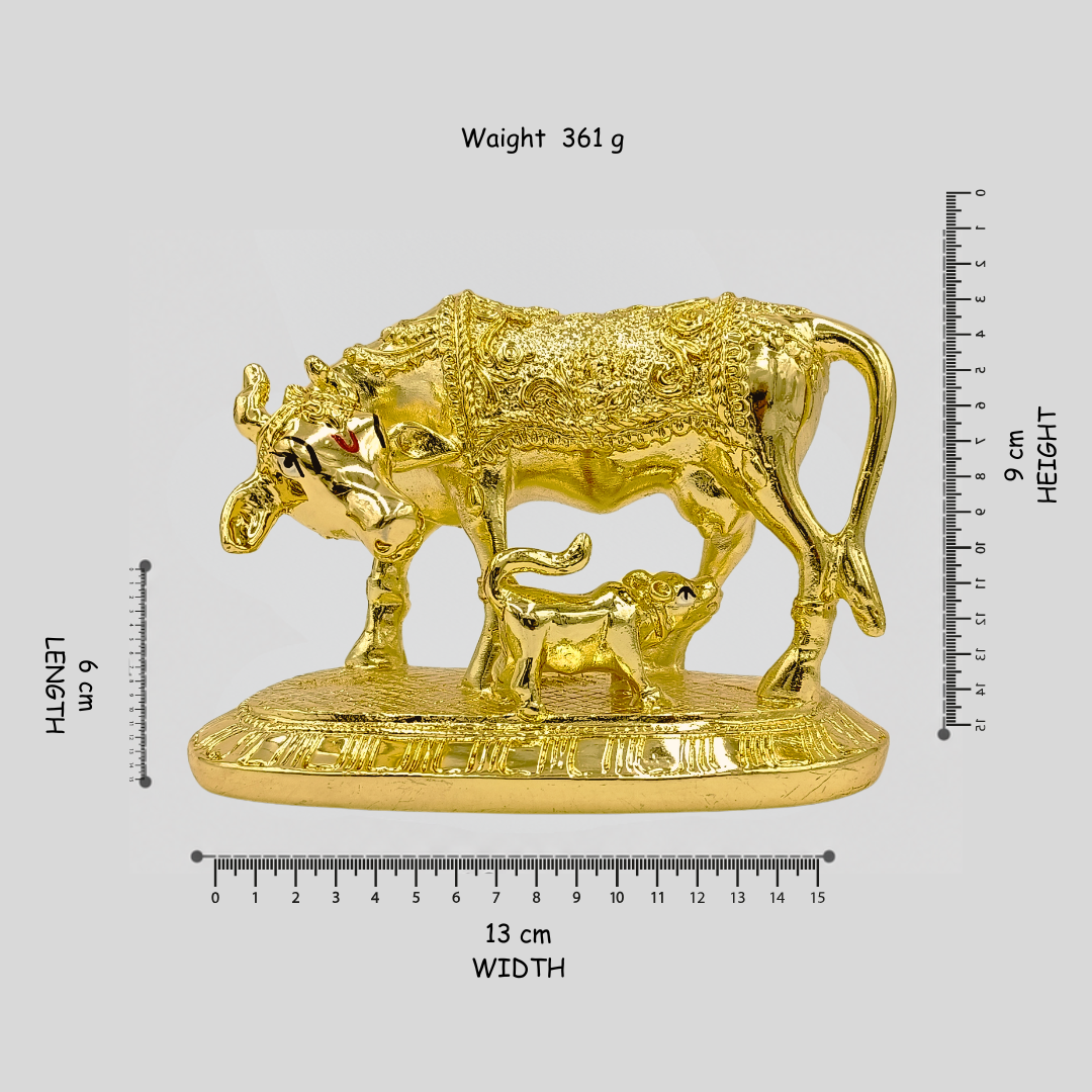 24 Ct Gold Finish Hindu Idol Kamdhenu Cow with Calf Statue | Vastu Home Decor | Pooja Room Showpiece