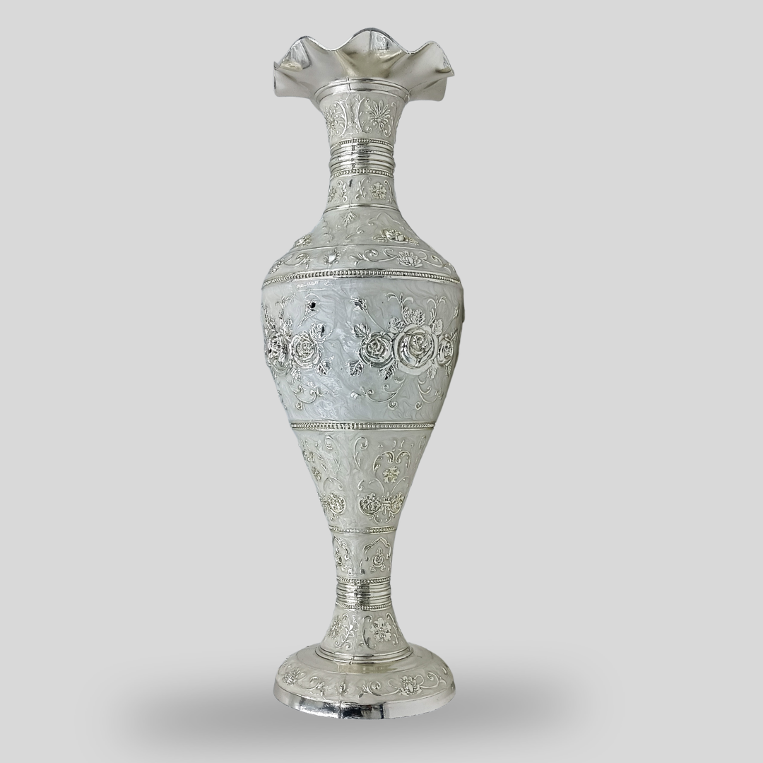 Luxury Silver Plated Decorative Flower Vase with Embossed Floral Design | Elegant Metal Vase for Home Decor, Living Room, Wedding & Gift