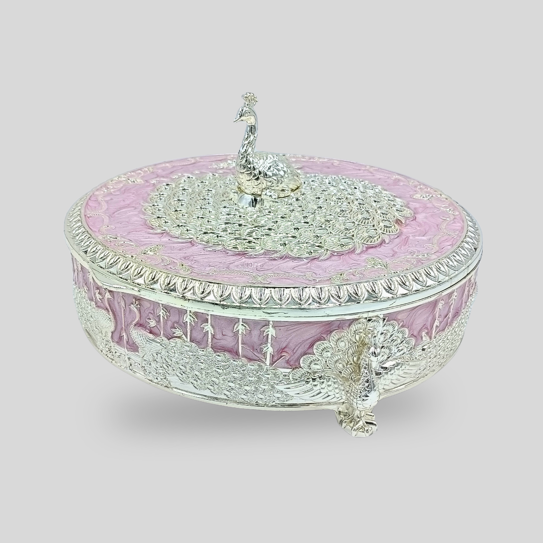 Luxury Peacock Dry Fruit Box with Lid | Silver Plated Decorative Serving Box | Round Candy, Chocolate & Mithai Storage Box | 21 × 21 × 11 cm | 1015g