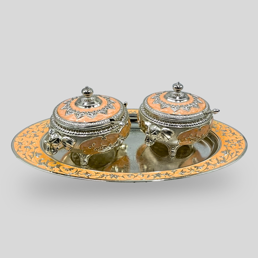 Luxury Silver Plated Double Dry Fruit Serving Bowl with Tray & Lids | Decorative Candy & Nut Container | Wedding, Diwali & Housewarming Gift | 38 × 22 × 13 cm