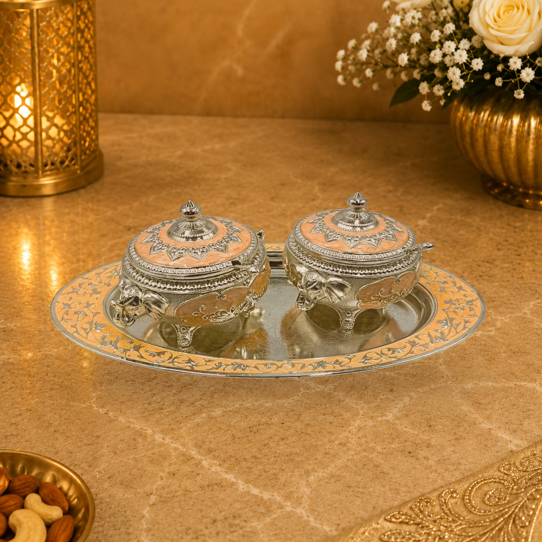 Luxury Silver Plated Double Dry Fruit Serving Bowl with Tray & Lids | Decorative Candy & Nut Container | Wedding, Diwali & Housewarming Gift | 38 × 22 × 13 cm