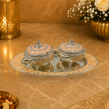 Luxury Silver Plated Double Dry Fruit Serving Bowl with Tray & Lids | Decorative Candy & Nut Container | Wedding, Diwali & Housewarming Gift | 38 × 22 × 13 cm
