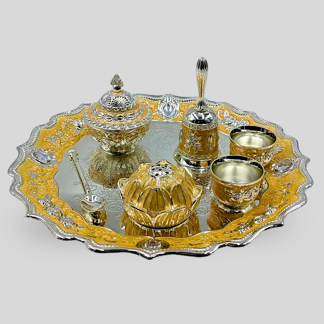 Luxury Silver Plated Pooja Thali Set with 2 Cups, Bell, Kumkum Box & Spoon | Decorative Prayer Tray | Wedding, Housewarming & Diwali Gift | 29 × 29 × 11 cm