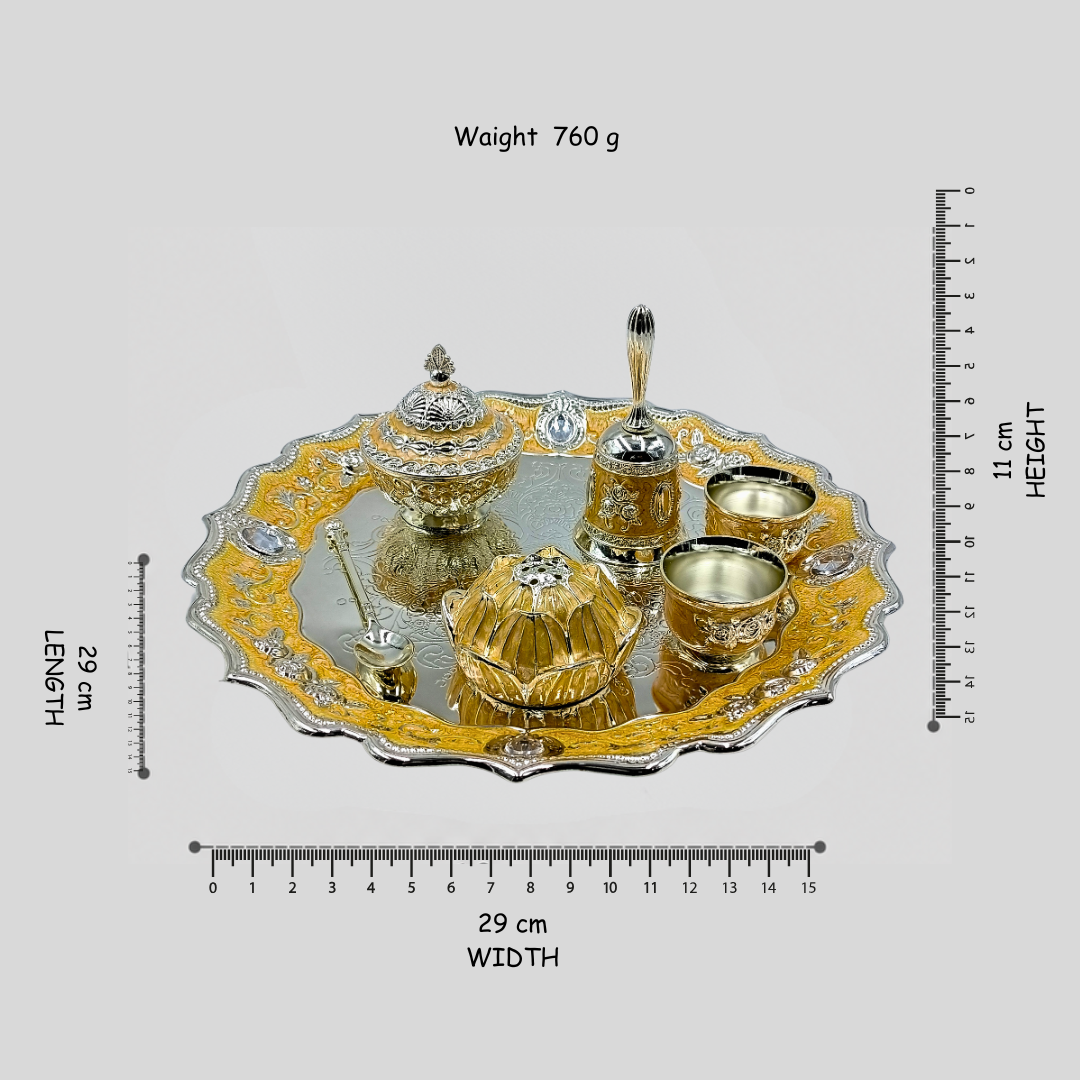 Luxury Silver Plated Pooja Thali Set with 2 Cups, Bell, Kumkum Box & Spoon | Decorative Prayer Tray | Wedding, Housewarming & Diwali Gift | 29 × 29 × 11 cm
