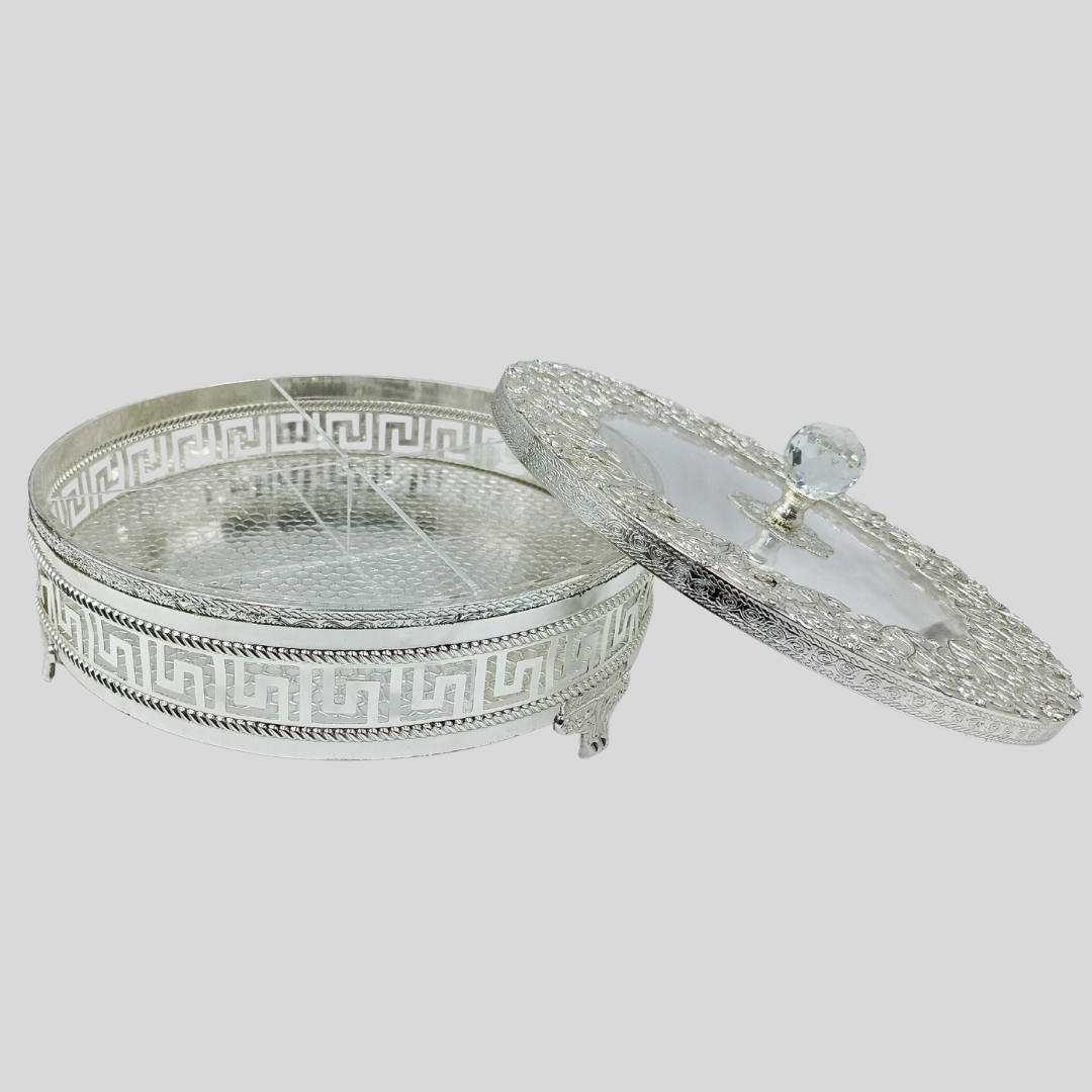Luxury Silver Plated Round Dry Fruit Box with Lid – 16 cm Decorative Serving Bowl | Premium Candy, Chocolate & Mithai Storage Container | Wedding, Diwali & Housewarming Gift
