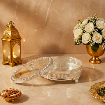 Luxury Silver Plated Round Dry Fruit Box with Lid – 16 cm Decorative Serving Bowl | Premium Candy, Chocolate & Mithai Storage Container | Wedding, Diwali & Housewarming Gift