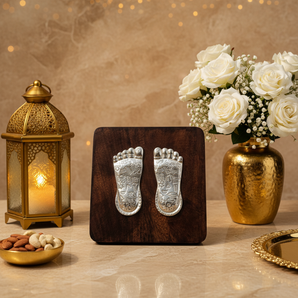 999 Silver Plated Charan Paduka on Wooden Base | Sacred Lakshmi Footprints for Home Temple, Pooja Room & Diwali Decor | Vastu Spiritual Gift