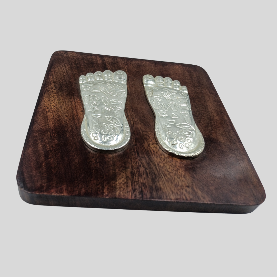 999 Silver Plated Charan Paduka on Wooden Base | Sacred Lakshmi Footprints for Home Temple, Pooja Room & Diwali Decor | Vastu Spiritual Gift