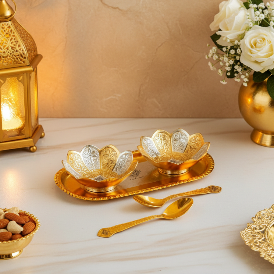 Decorative Brass Kamal Bowl Set with Tray, Diwali Gift Item