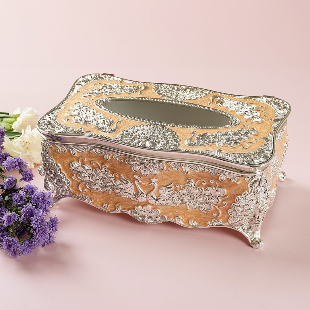Luxury Silver Peacock Tissue Box Holder | Premium Decorative Facial Tissue Organizer | Elegant Tabletop Tissue Case for Living Room, Dining Table & Office