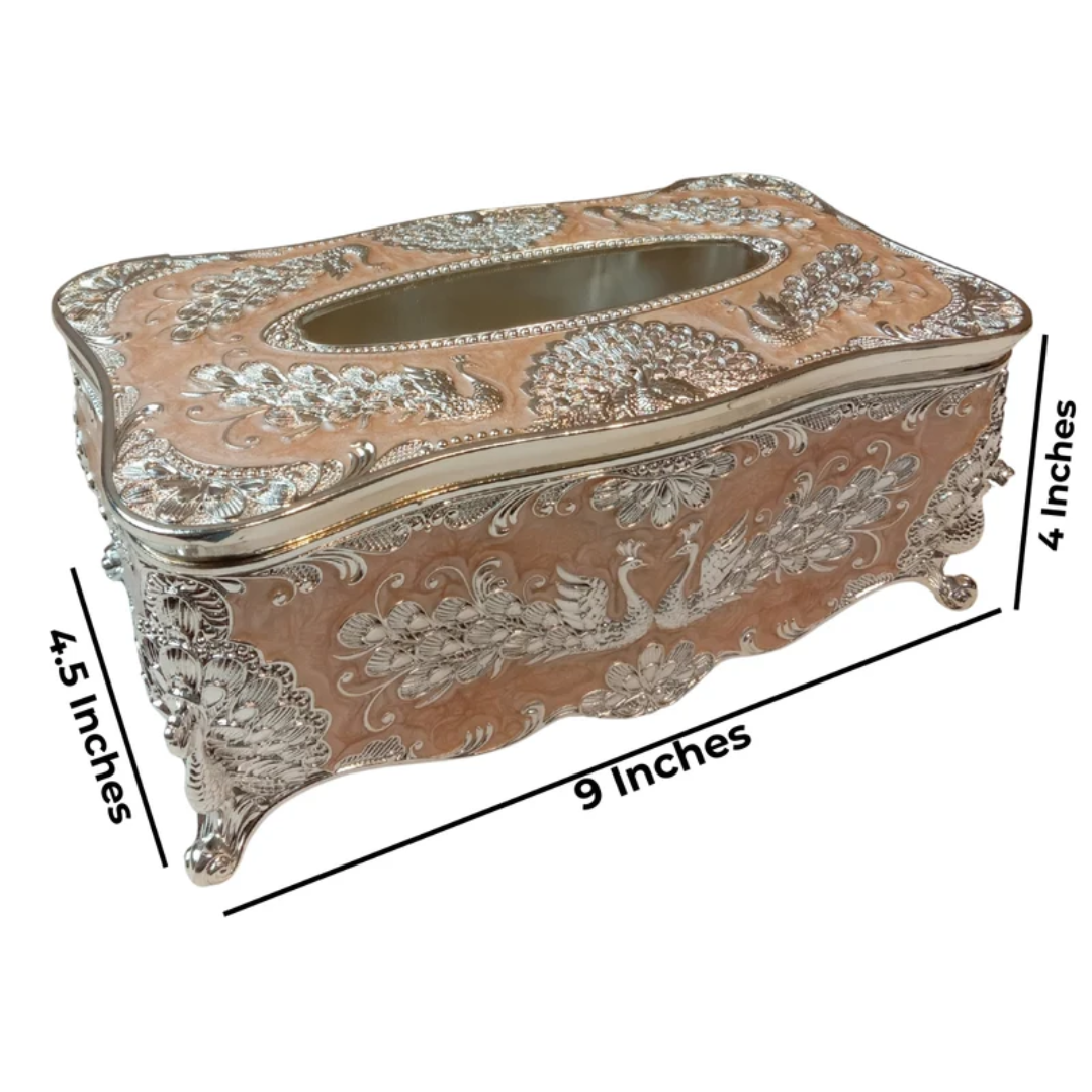 Luxury Silver Peacock Tissue Box Holder | Premium Decorative Facial Tissue Organizer | Elegant Tabletop Tissue Case for Living Room, Dining Table & Office