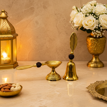 Gold & Silver Plated Pooja Bell and Diya with Rudraksha in Velvet Box Brass Puja Bell & Aarti Combo for Hindu Pooja Ghanti Bell & Deepak,Temple Bell & Diya Article Fine Quality Heavy