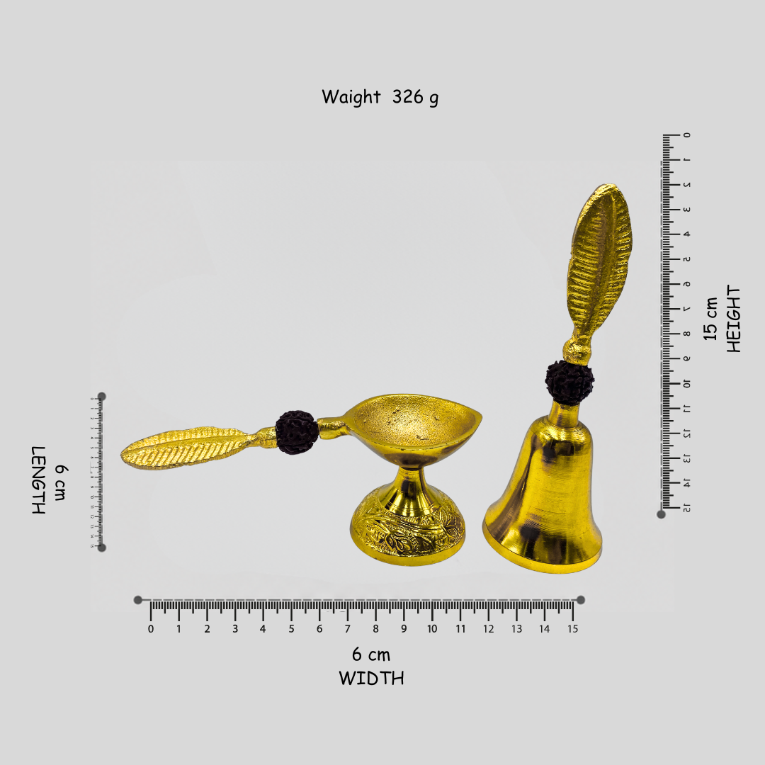 Gold & Silver Plated Pooja Bell and Diya with Rudraksha in Velvet Box Brass Puja Bell & Aarti Combo for Hindu Pooja Ghanti Bell & Deepak,Temple Bell & Diya Article Fine Quality Heavy
