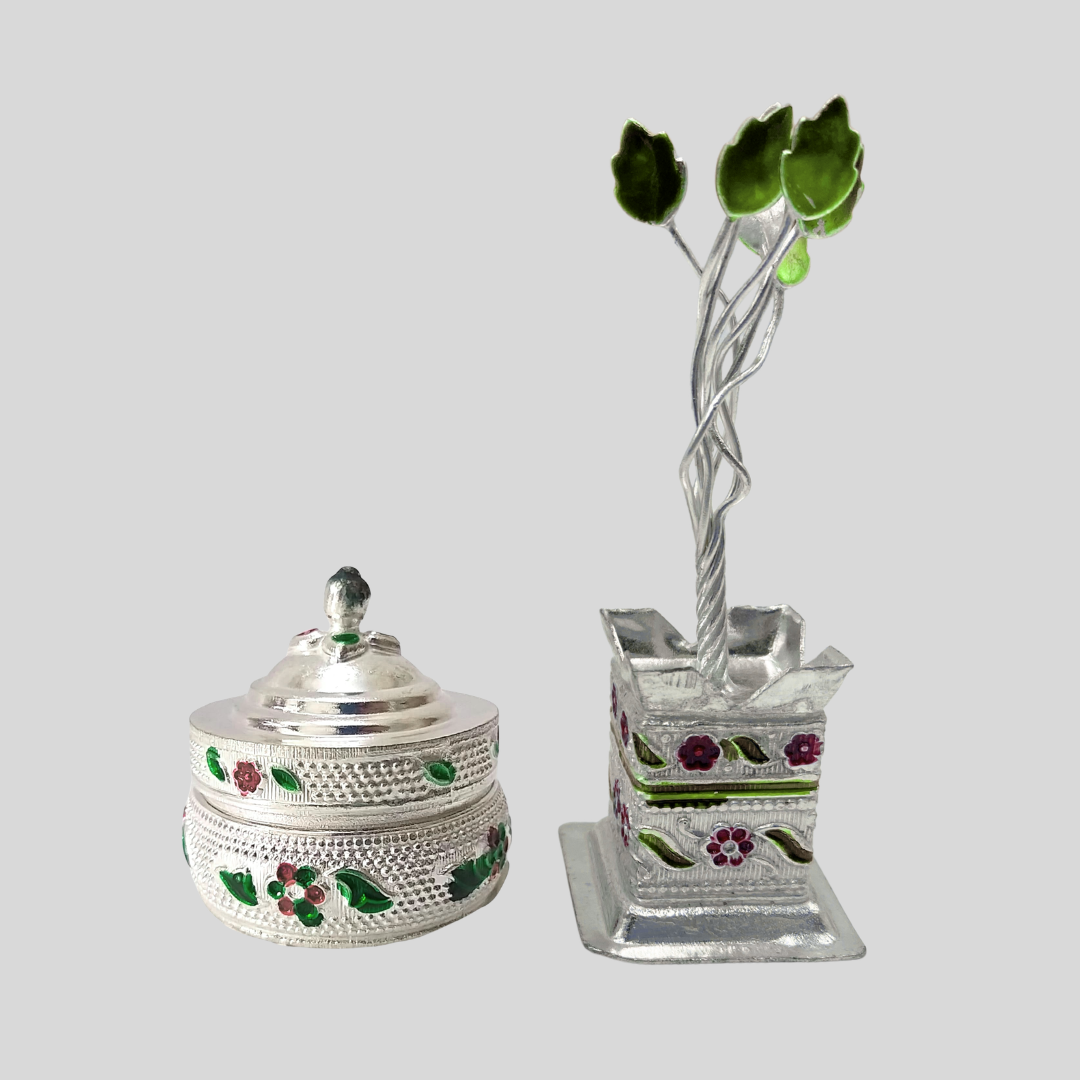 Silvaro Luxury Defined 999 Silver Plated Decorative Supari Box with Tulsi Plant Stand | Handcrafted Pooja & Home Decor Gift Set