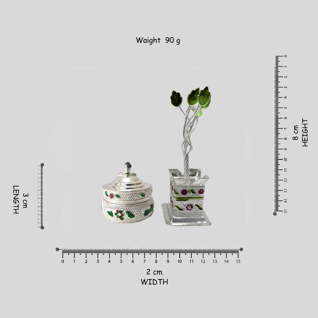 Silvaro Luxury Defined 999 Silver Plated Decorative Supari Box with Tulsi Plant Stand | Handcrafted Pooja & Home Decor Gift Set