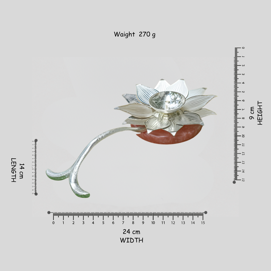 German Silver Lotus Petals Diya with Resin Stand | Elegant Silver Plated Puja Diya for Diwali, Return Gifts, Pooja Room & Festive Decor | Handcrafted Lotus Lamp on Durable Resin Base with Handle