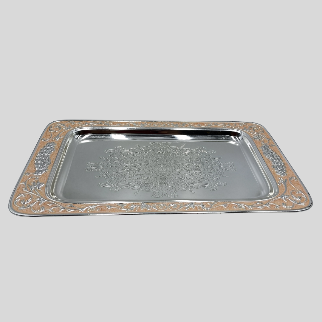 Silver Rectangle Serving Tray (15 inches) | Best Gift for Diwali, Wedding, Anniversary & Housewarming | Elegant Decorative Tray for Dry Fruits, Sweets & Snacks (Peach)