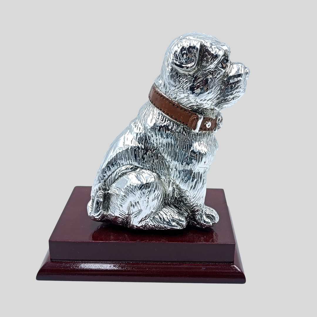 Silver Plated Puppy Dog Figurine on Wooden Base | Luxury Dog Statue | Pet Lover Gift | Home Office Desk Decor | Collectible Animal Sculpture