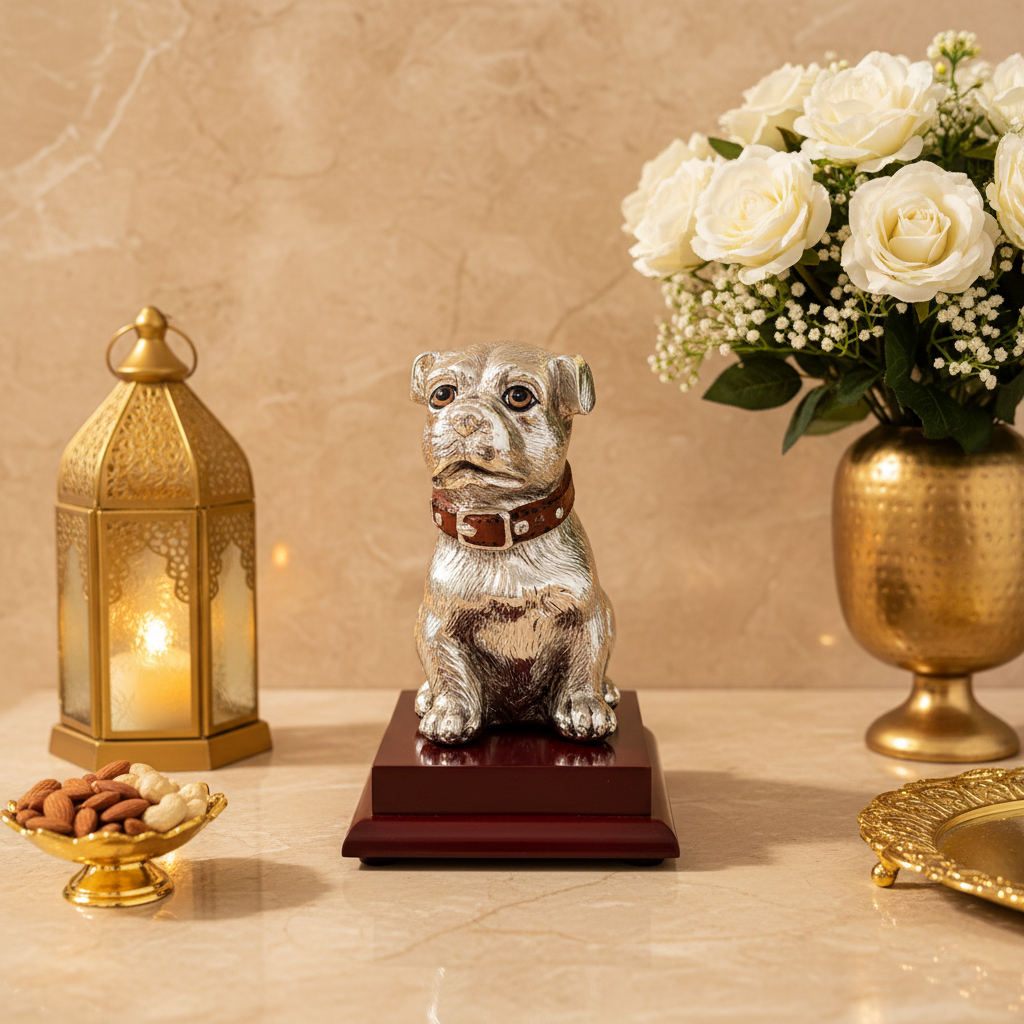 Silver Plated Puppy Dog Figurine on Wooden Base | Luxury Dog Statue | Pet Lover Gift | Home Office Desk Decor | Collectible Animal Sculpture