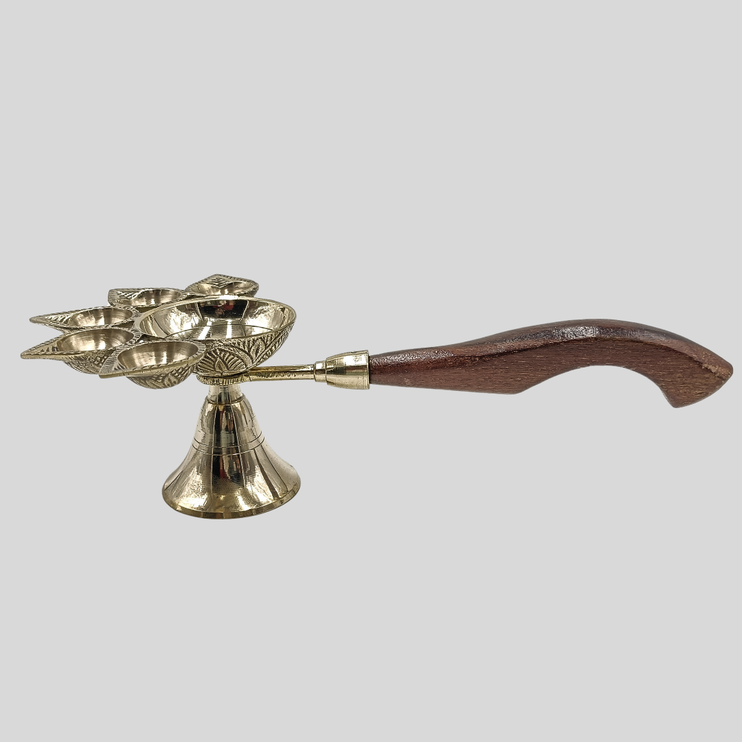 Panch Pradip | Brass Pancha Deepam | Panchmukhi Diya Stand for Puja Big Size | Pancharati Pradip for Puja | Brass Deepam | Pancha Deepam for Home, Temple , Wooden Handle ,190 GM.
