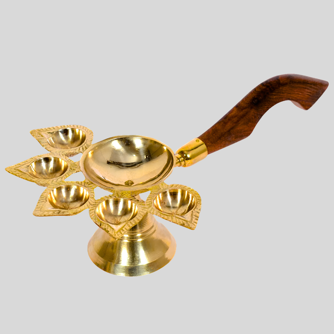 Panch Pradip | Brass Pancha Deepam | Panchmukhi Diya Stand for Puja Big Size | Pancharati Pradip for Puja | Brass Deepam | Pancha Deepam for Home, Temple , Wooden Handle ,190 GM.
