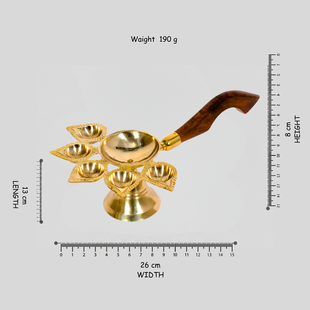 Panch Pradip | Brass Pancha Deepam | Panchmukhi Diya Stand for Puja Big Size | Pancharati Pradip for Puja | Brass Deepam | Pancha Deepam for Home, Temple , Wooden Handle ,190 GM.